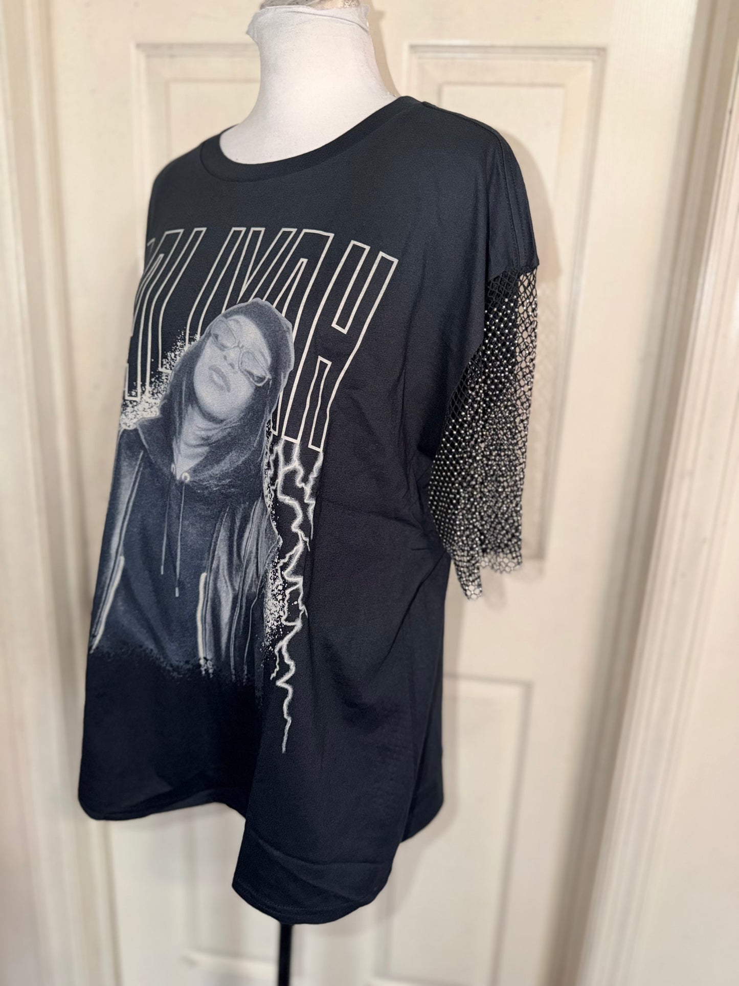 Aaliyah Embellished Sleeve Oversized Distressed Tee