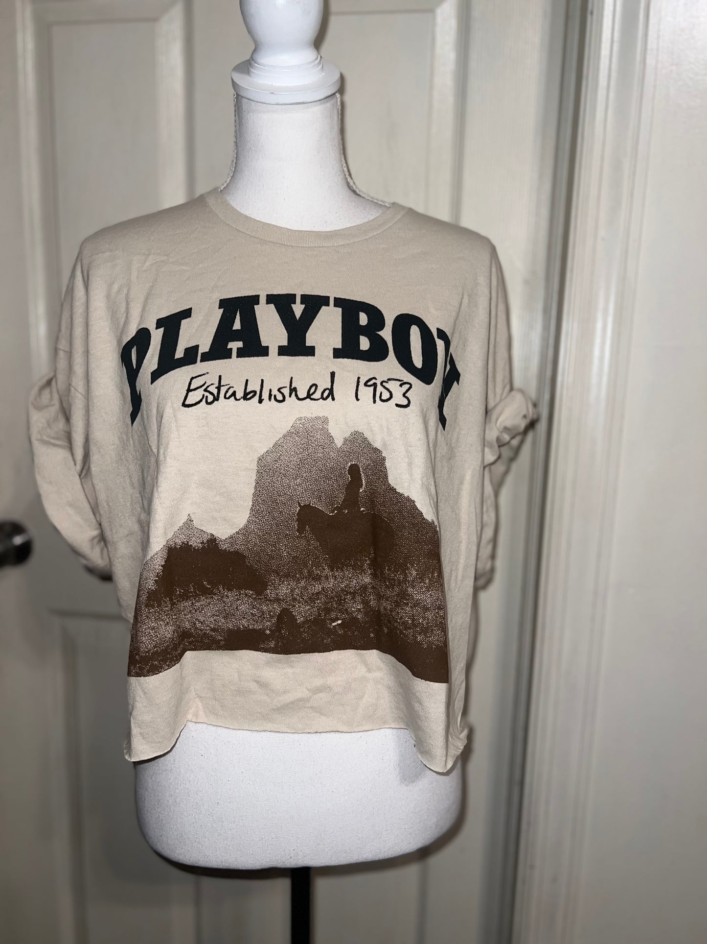 Playboy Oversized Distressed Cropped Tee