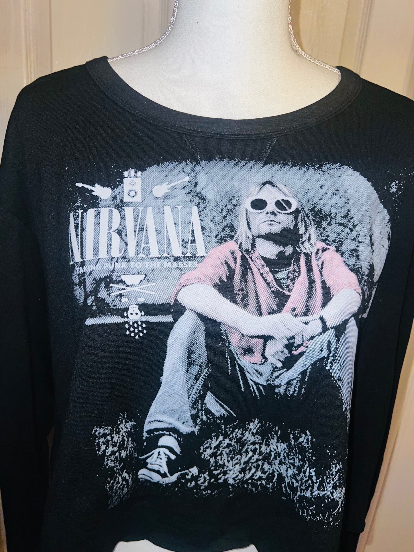 Nirvana Oversized Distressed Cropped Long Sleeve Tee