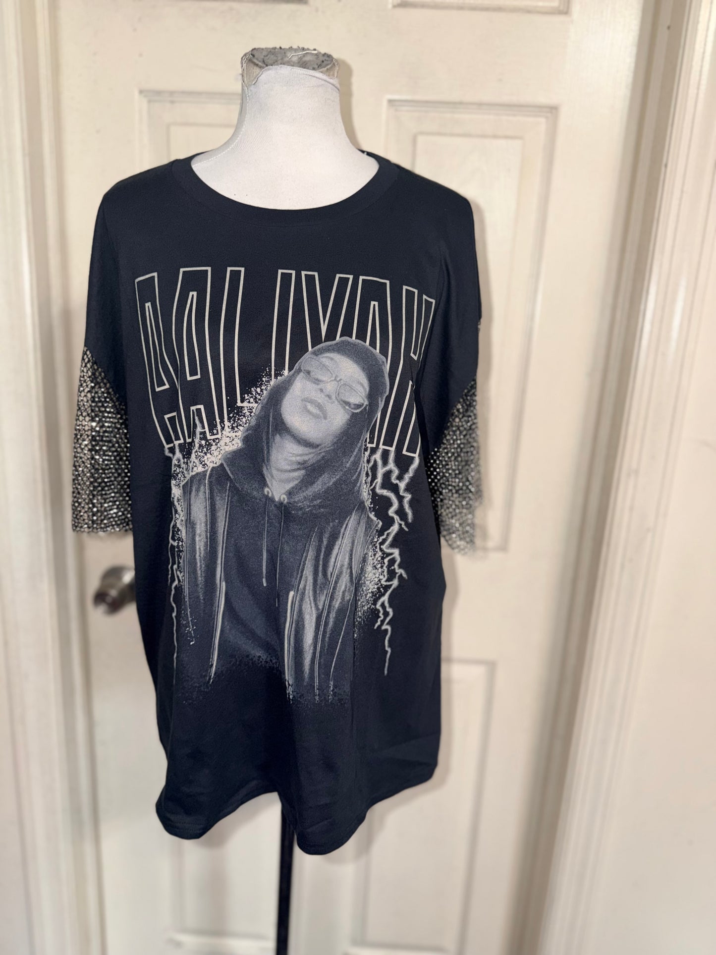 Aaliyah Embellished Sleeve Oversized Distressed Tee