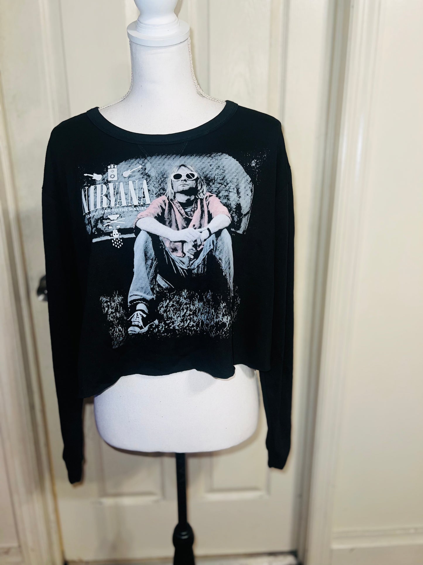 Nirvana Oversized Distressed Cropped Long Sleeve Tee