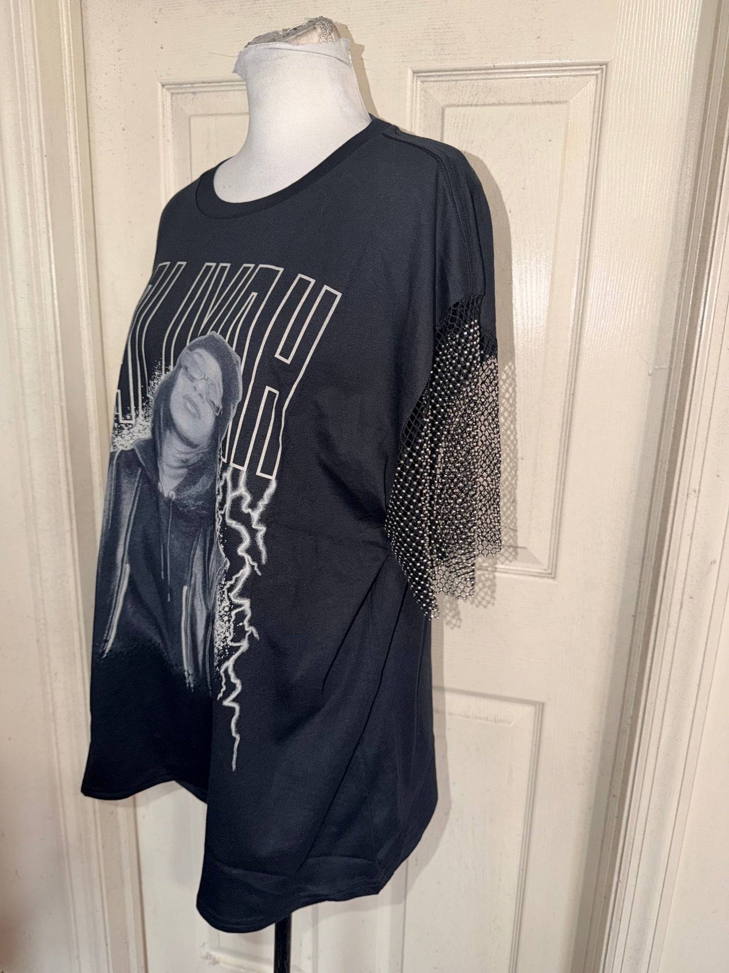 Aaliyah Embellished Sleeve Oversized Distressed Tee
