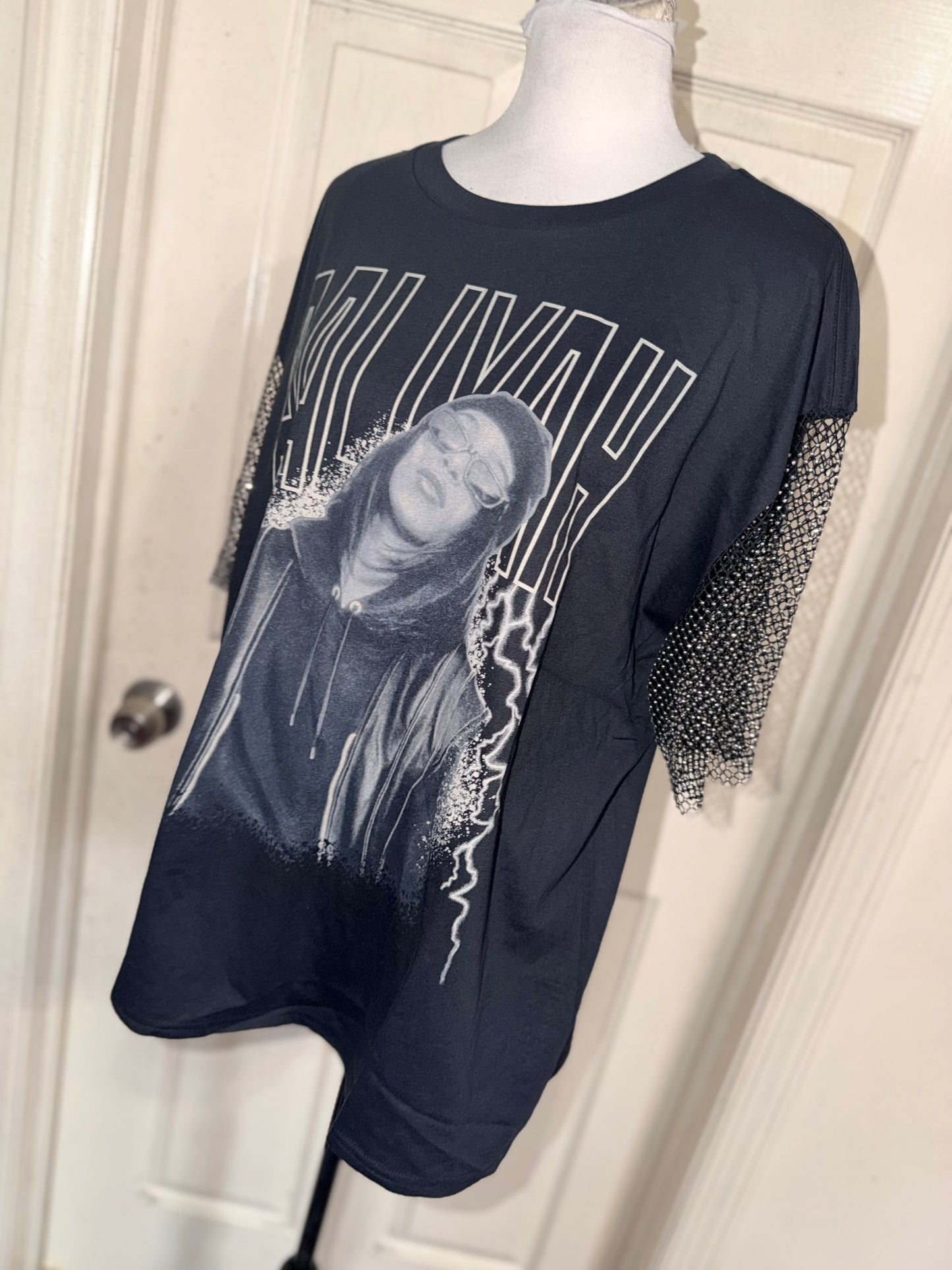 Aaliyah Embellished Sleeve Oversized Distressed Tee