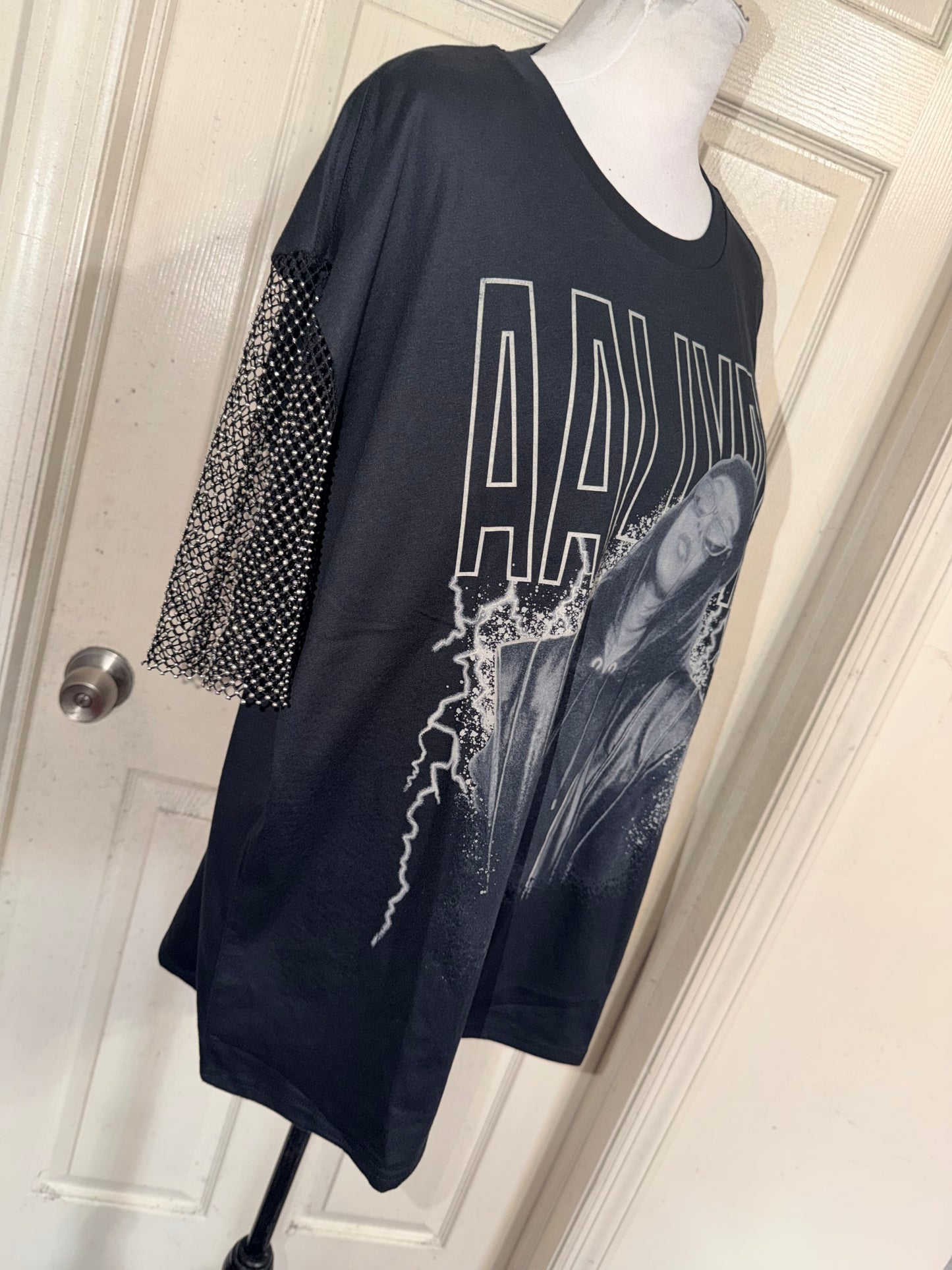Aaliyah Embellished Sleeve Oversized Distressed Tee