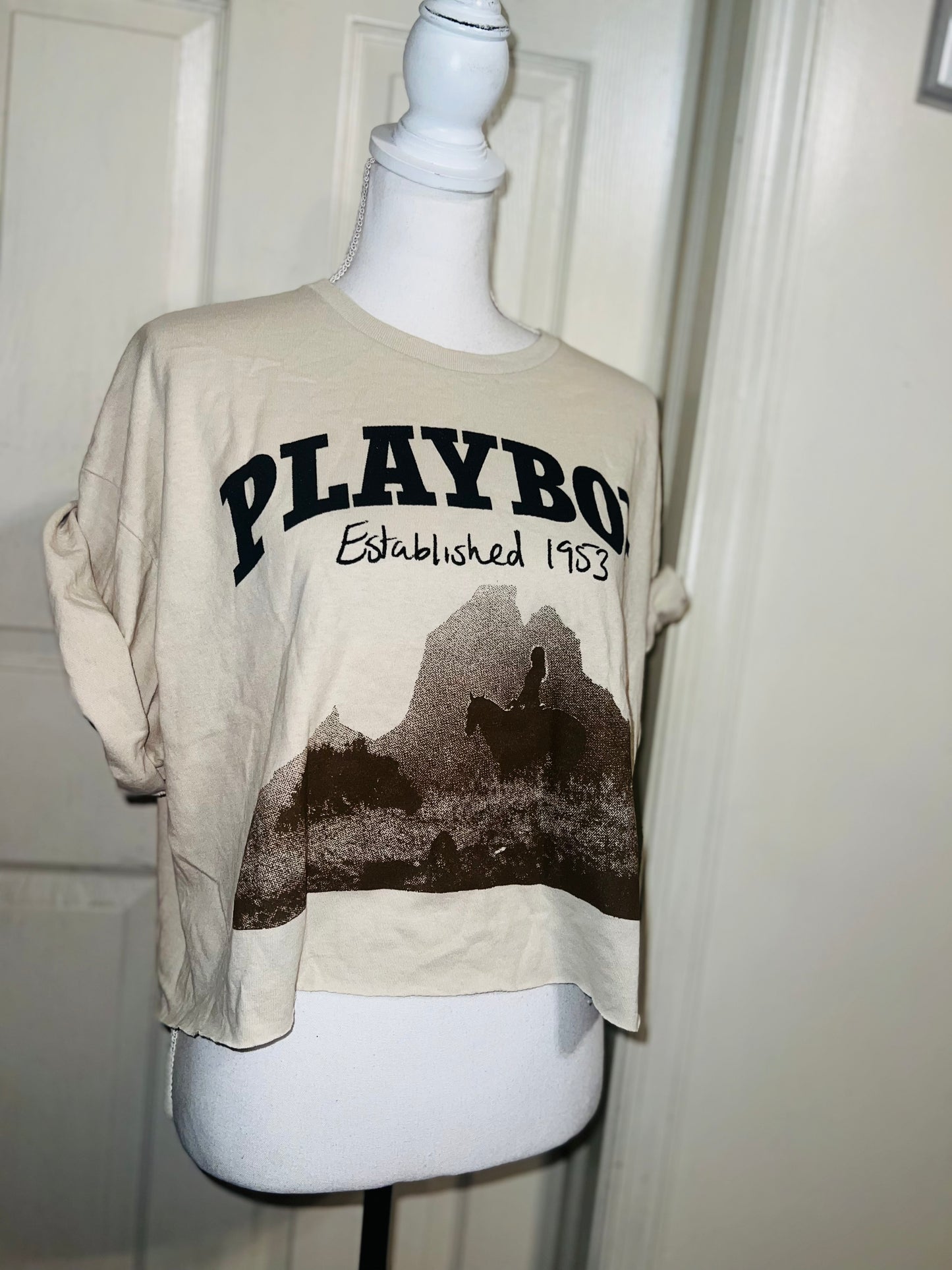 Playboy Oversized Distressed Cropped Tee