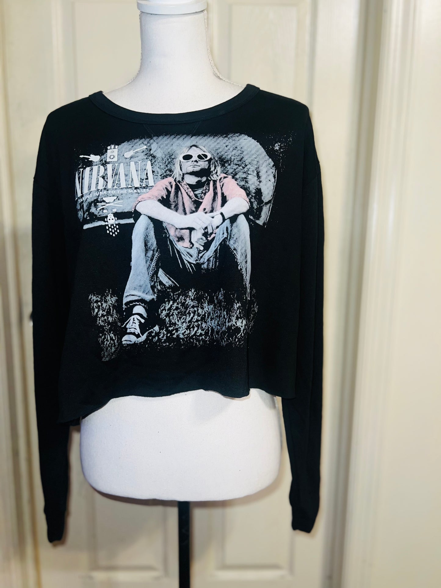 Nirvana Oversized Distressed Cropped Long Sleeve Tee